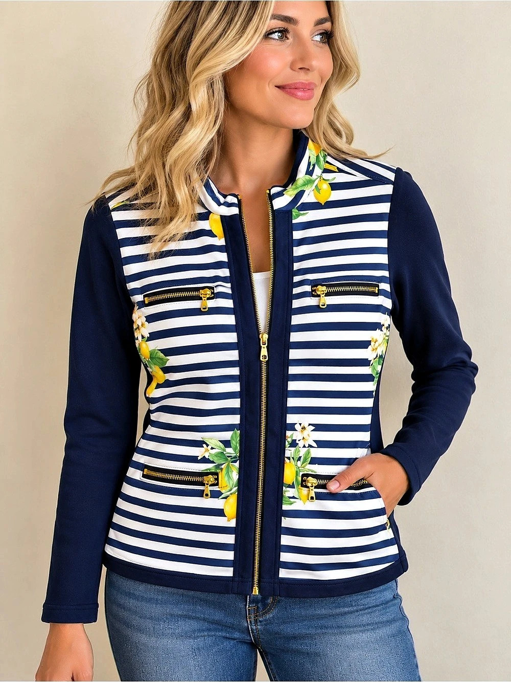 Women’s Navy Blue & White Striped Lemon Floral Zip-Up Jacket – Gold Zippers